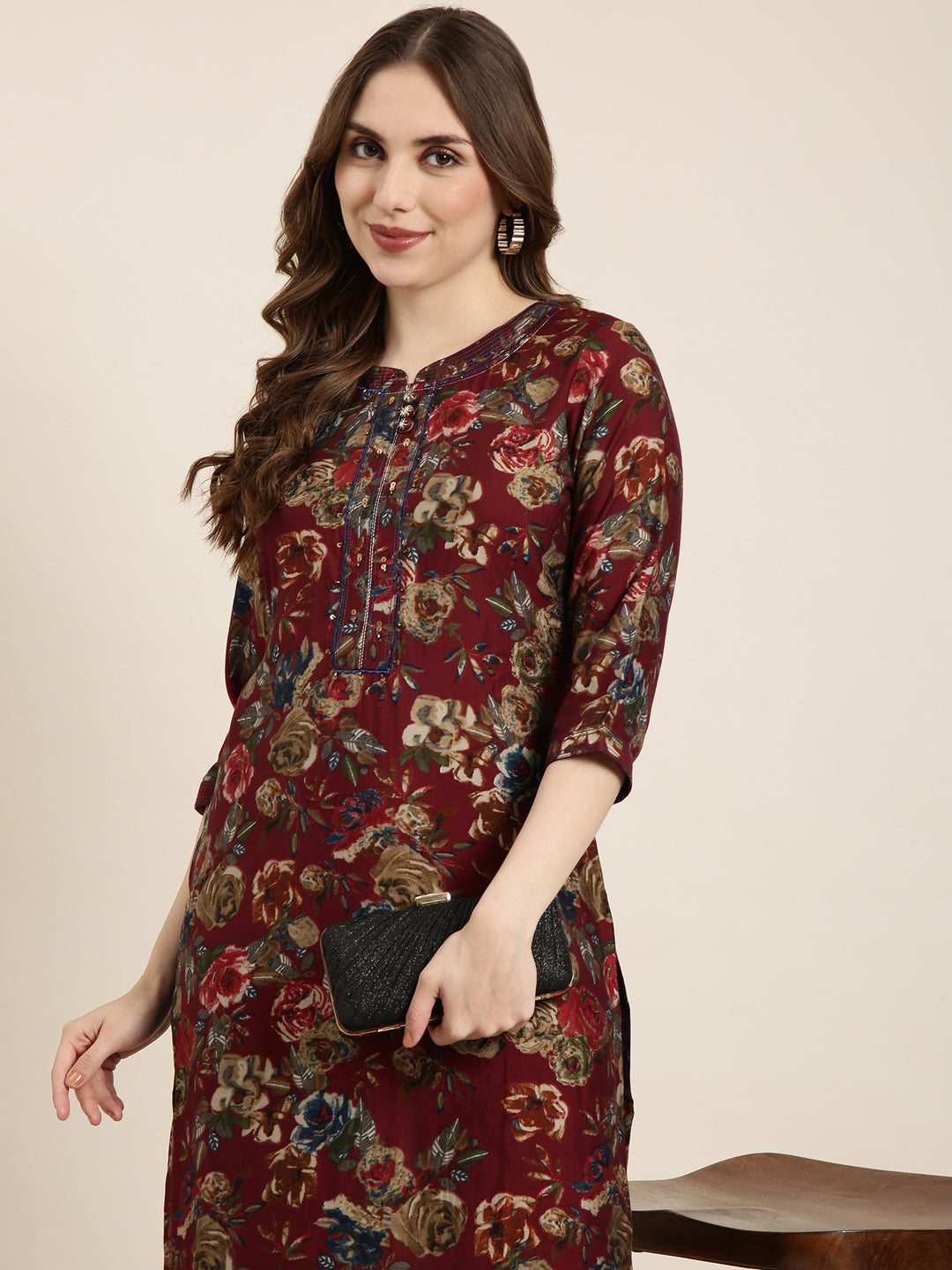 Women's Straight Maroon Floral Kurta