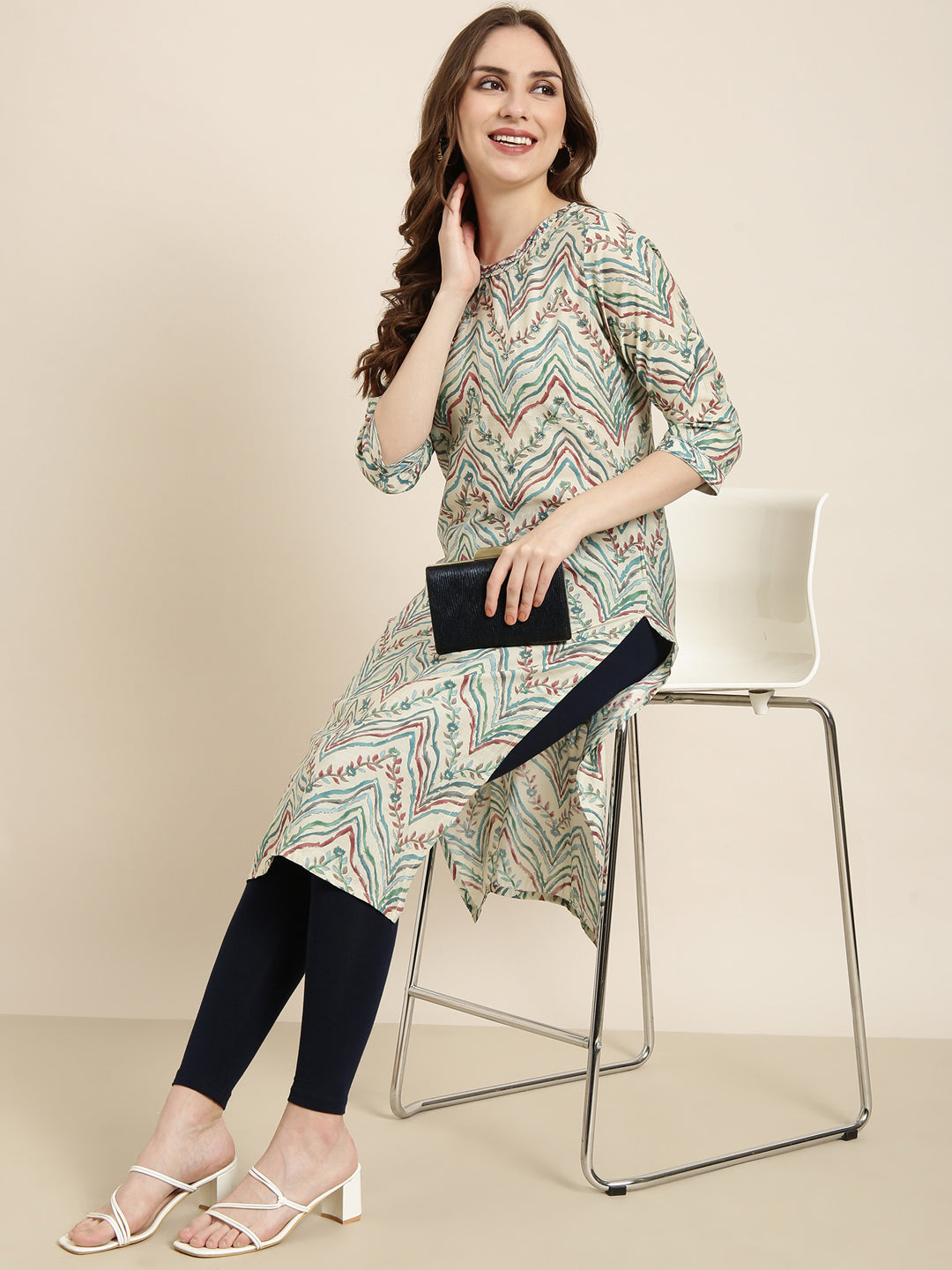 Women's Straight Beige Striped Kurta