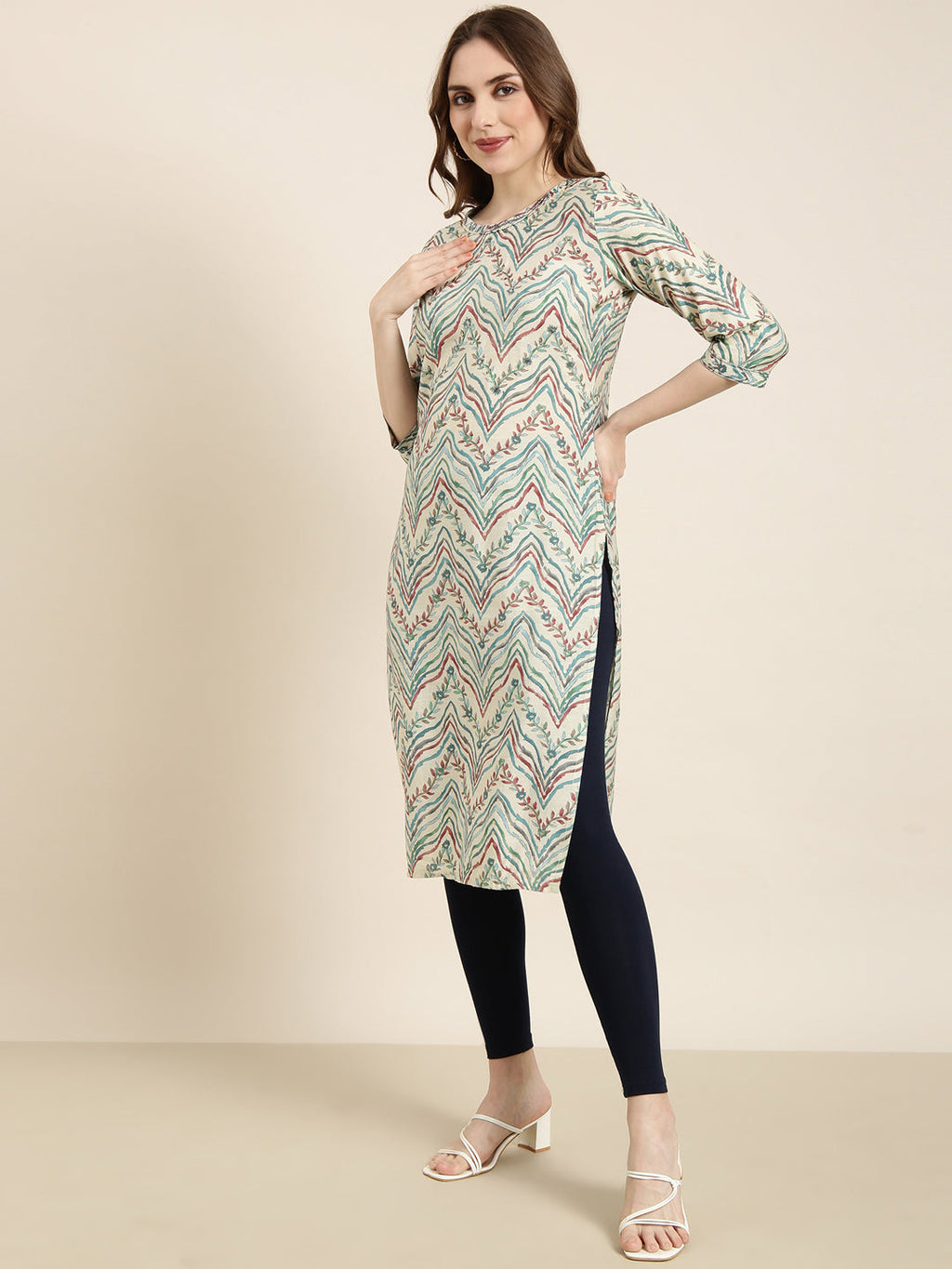 Women's Straight Beige Striped Kurta