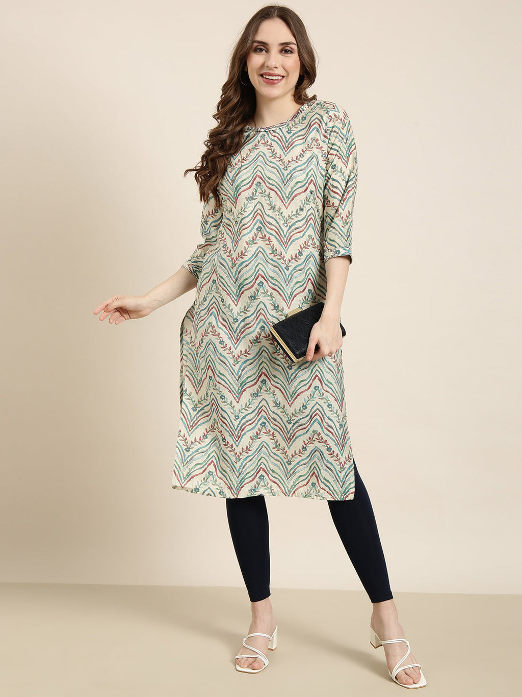 Women's Straight Beige Striped Kurta