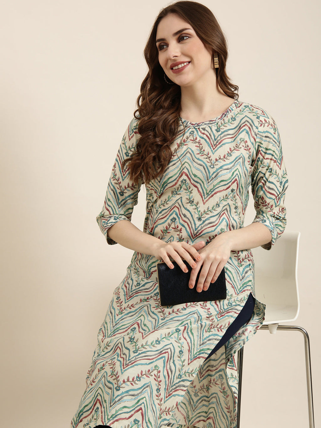 Women's Straight Beige Striped Kurta