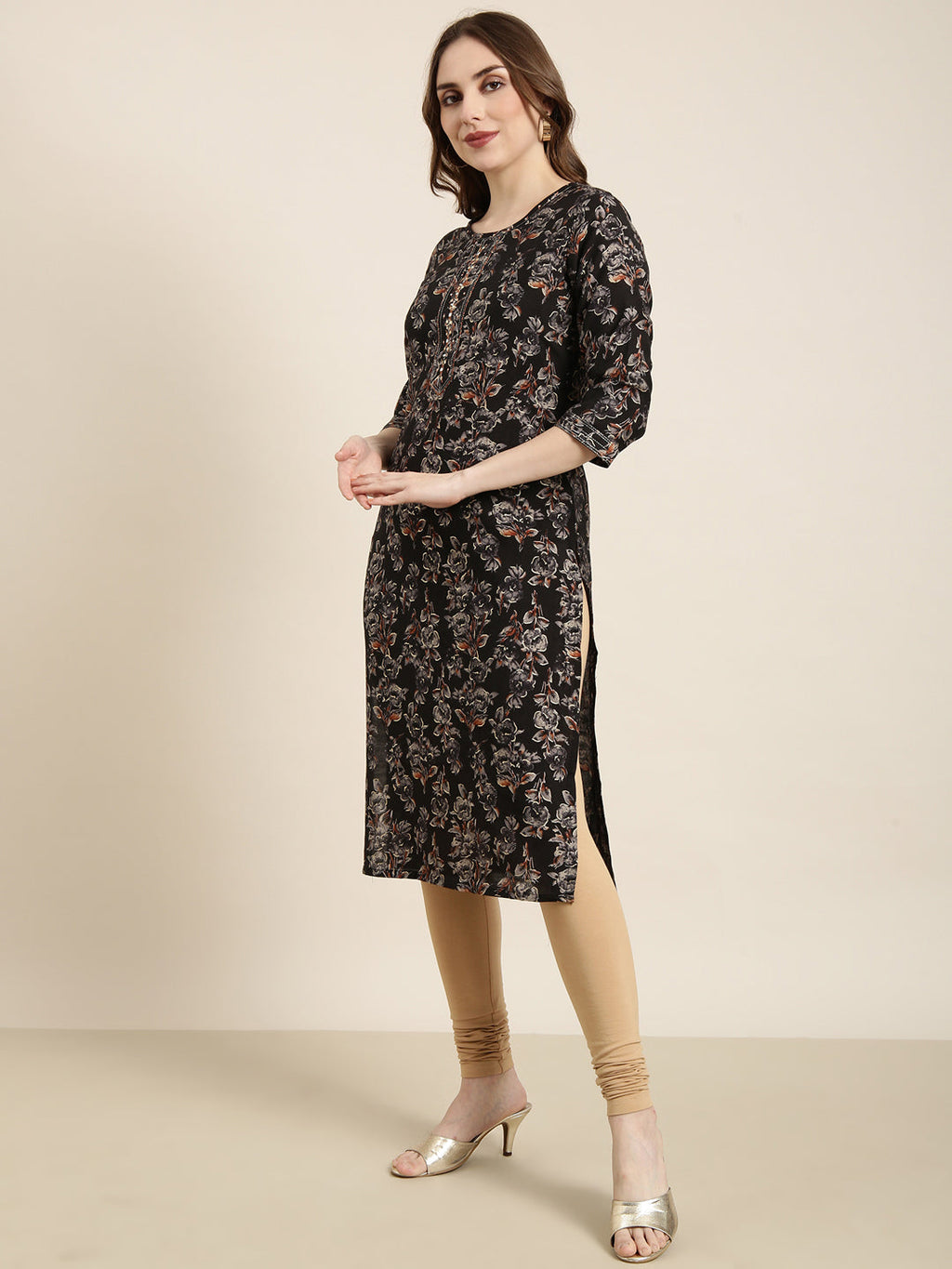 Women's Straight Black Floral Kurta