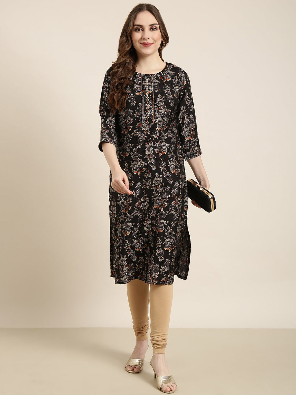 Women's Straight Black Floral Kurta
