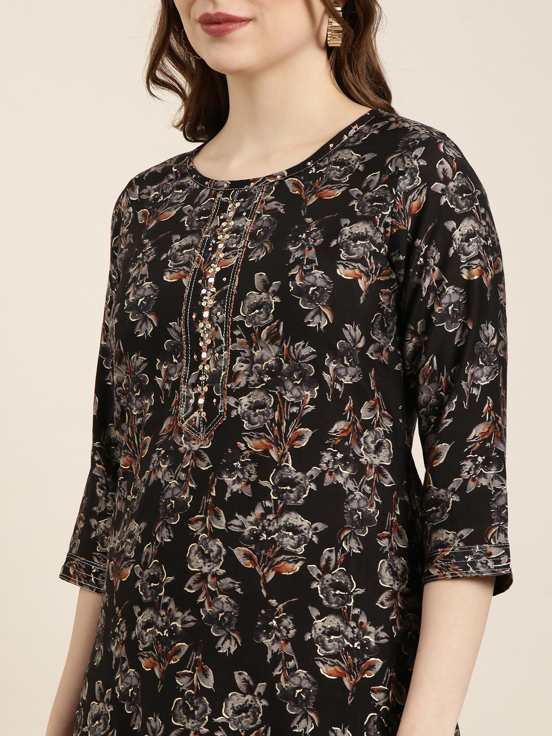 Women's Straight Black Floral Kurta