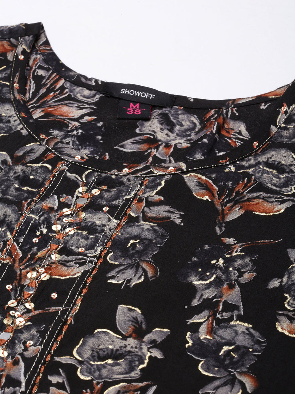 Women's Straight Black Floral Kurta