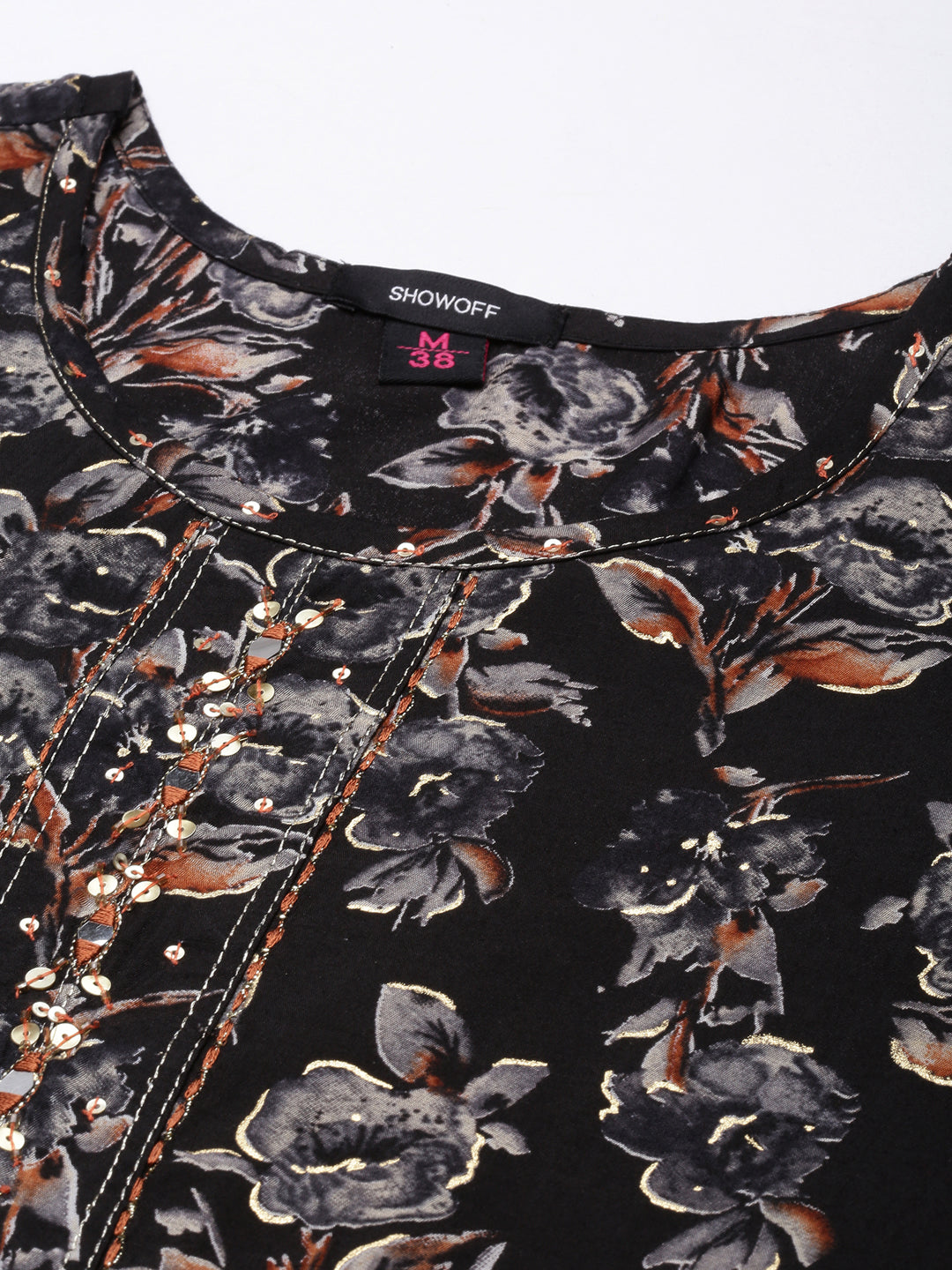 Women's Straight Black Floral Kurta