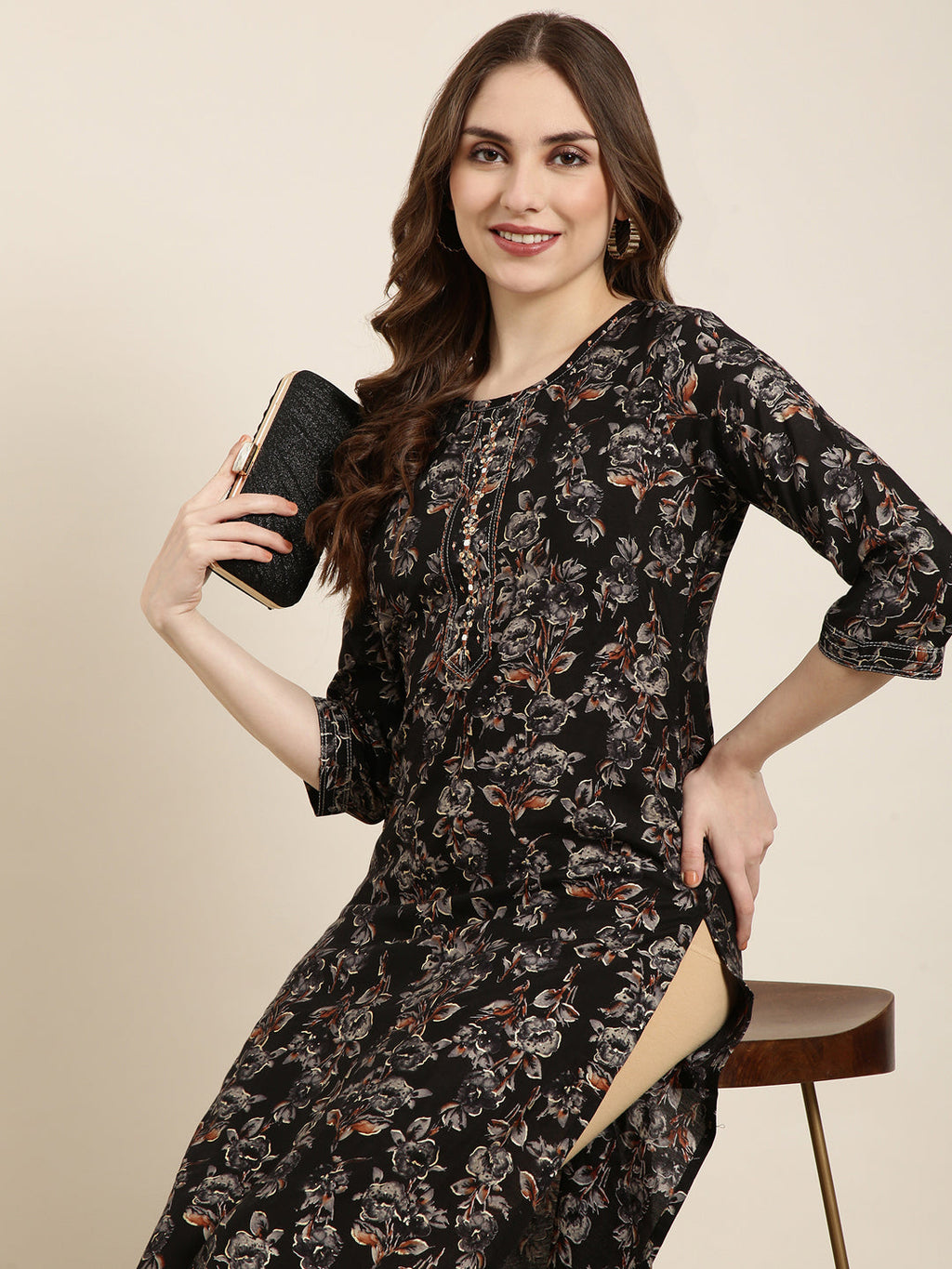 Women's Straight Black Floral Kurta