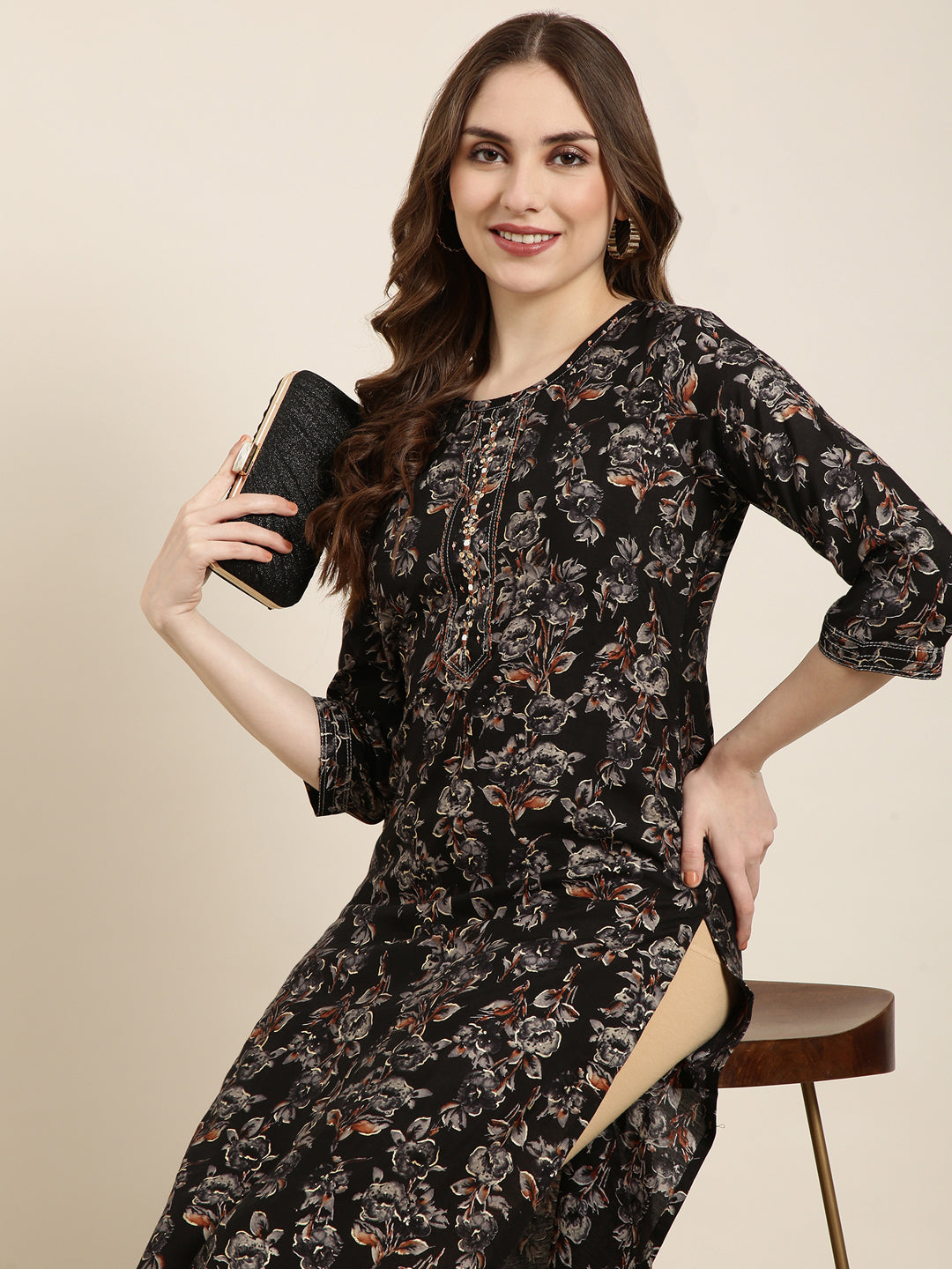 Women's Straight Black Floral Kurta