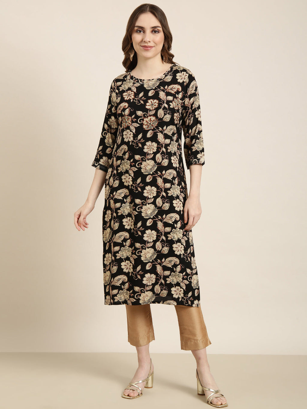 Women's Straight Black Floral Kurta
