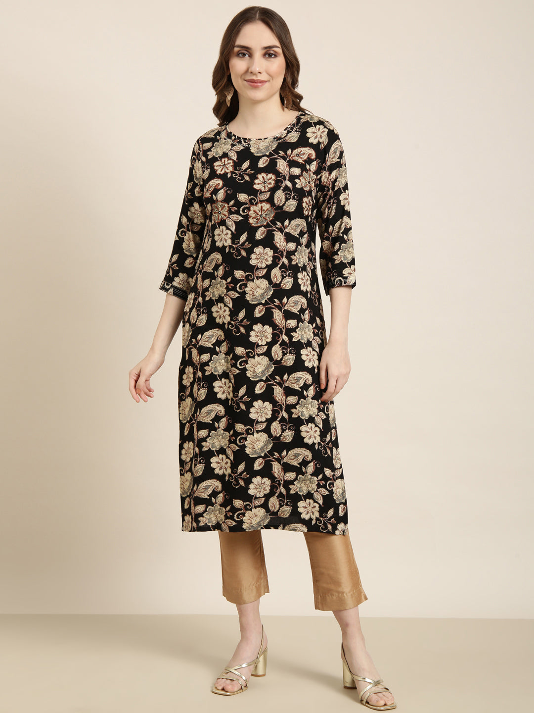 Women's Straight Black Floral Kurta
