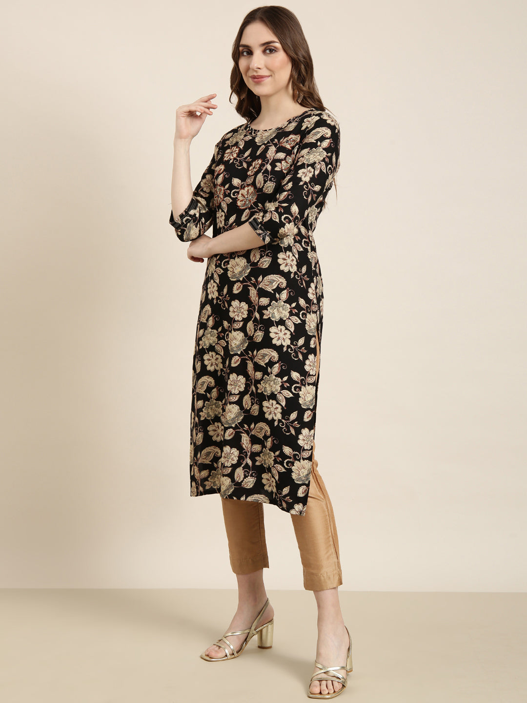 Women's Straight Black Floral Kurta
