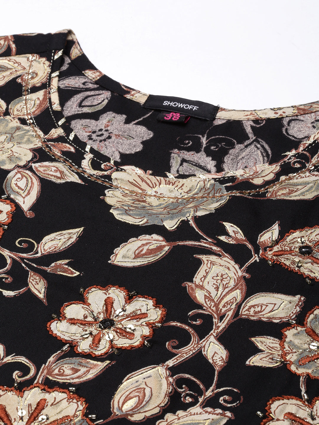 Women's Straight Black Floral Kurta