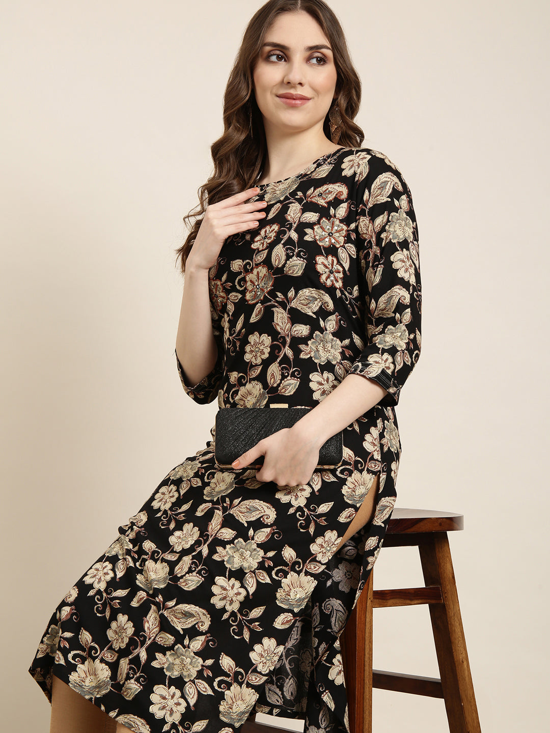Women's Straight Black Floral Kurta