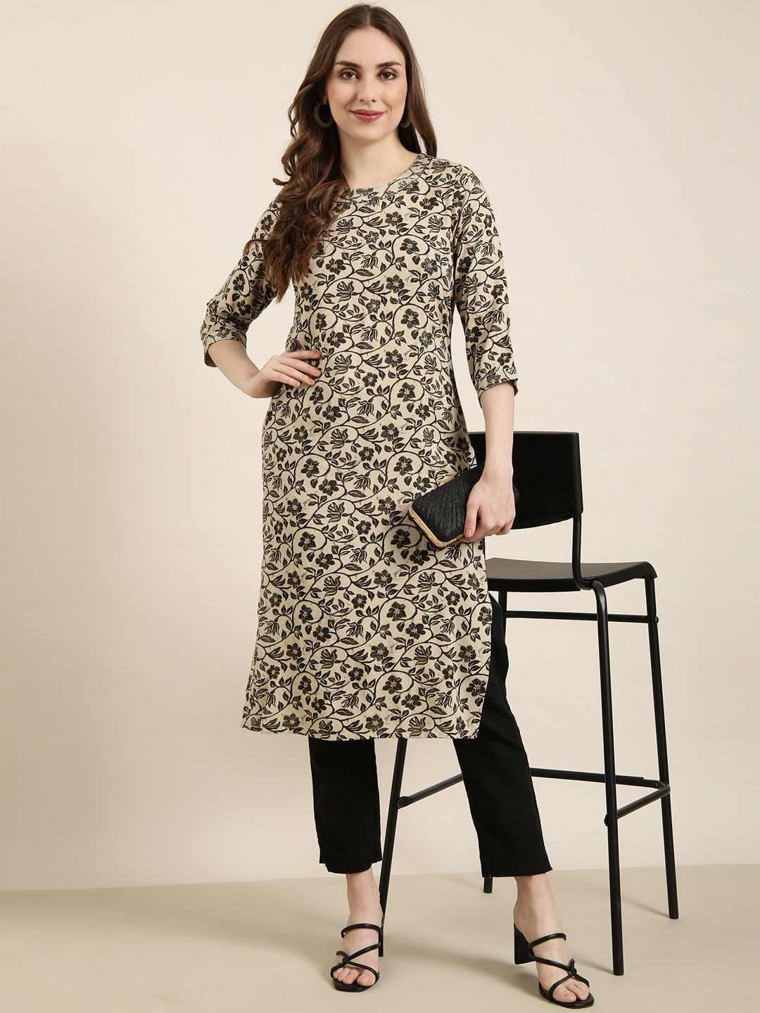 Women's Straight Beige Floral Kurta