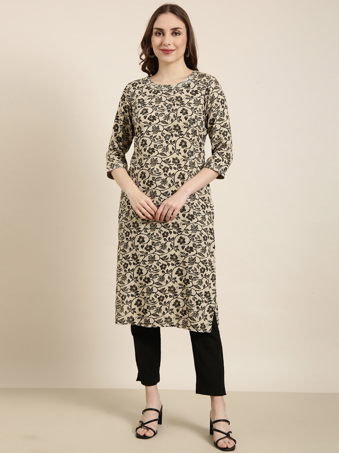 Women's Straight Beige Floral Kurta