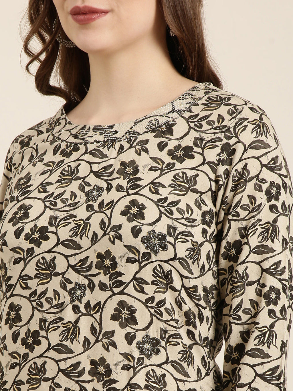 Women's Straight Beige Floral Kurta