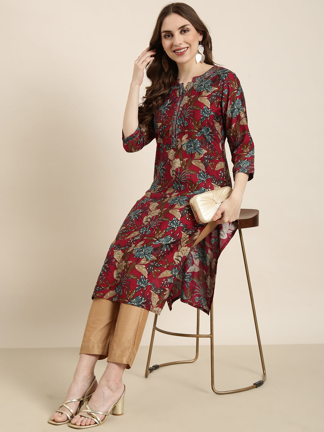 Women's Straight Maroon Floral Kurta