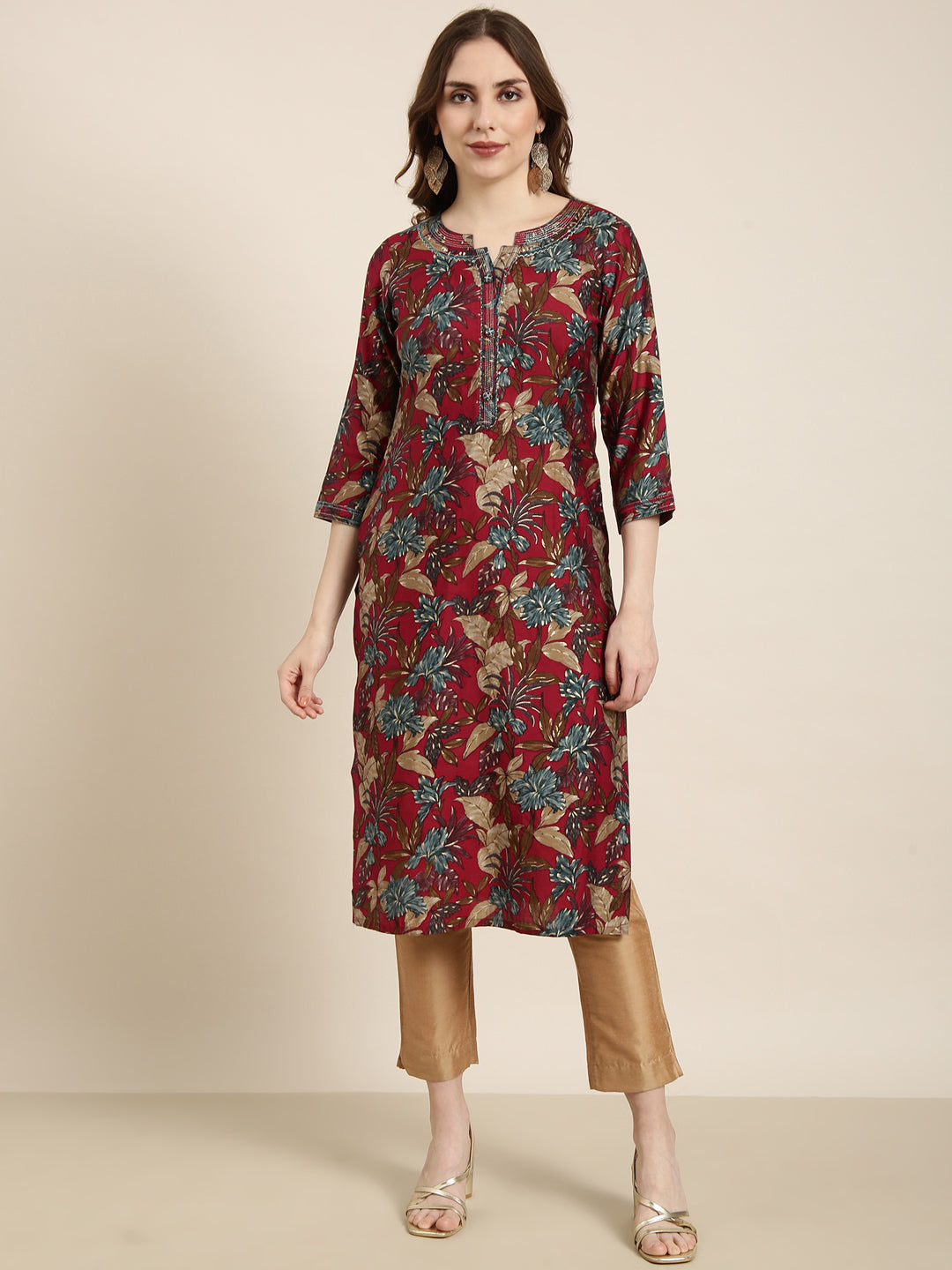 Women's Straight Maroon Floral Kurta