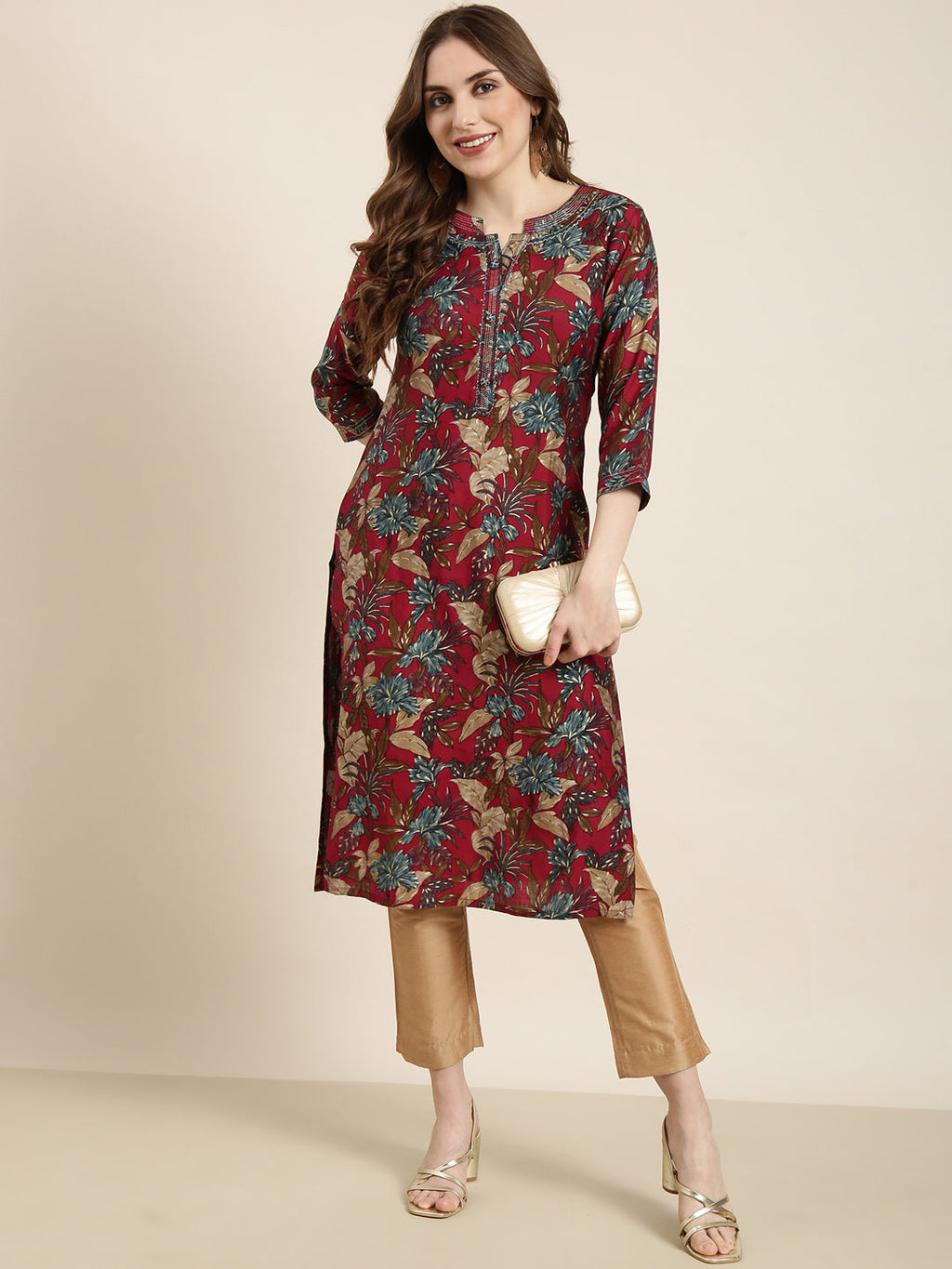 Women's Straight Maroon Floral Kurta