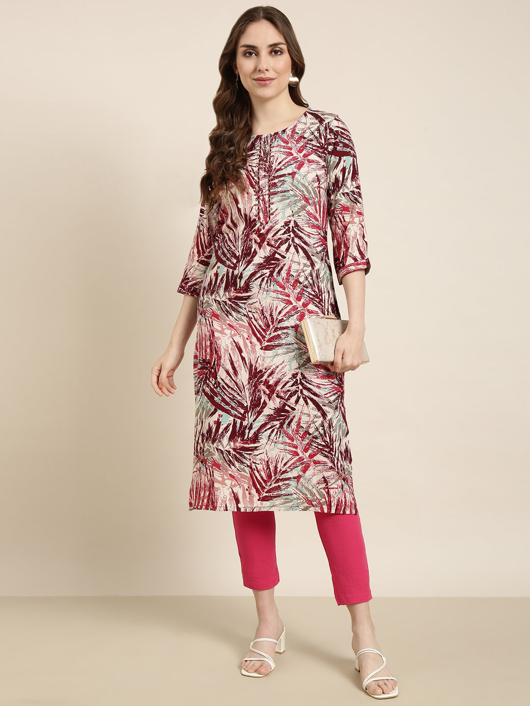 Women's Straight Maroon Abstract Kurta