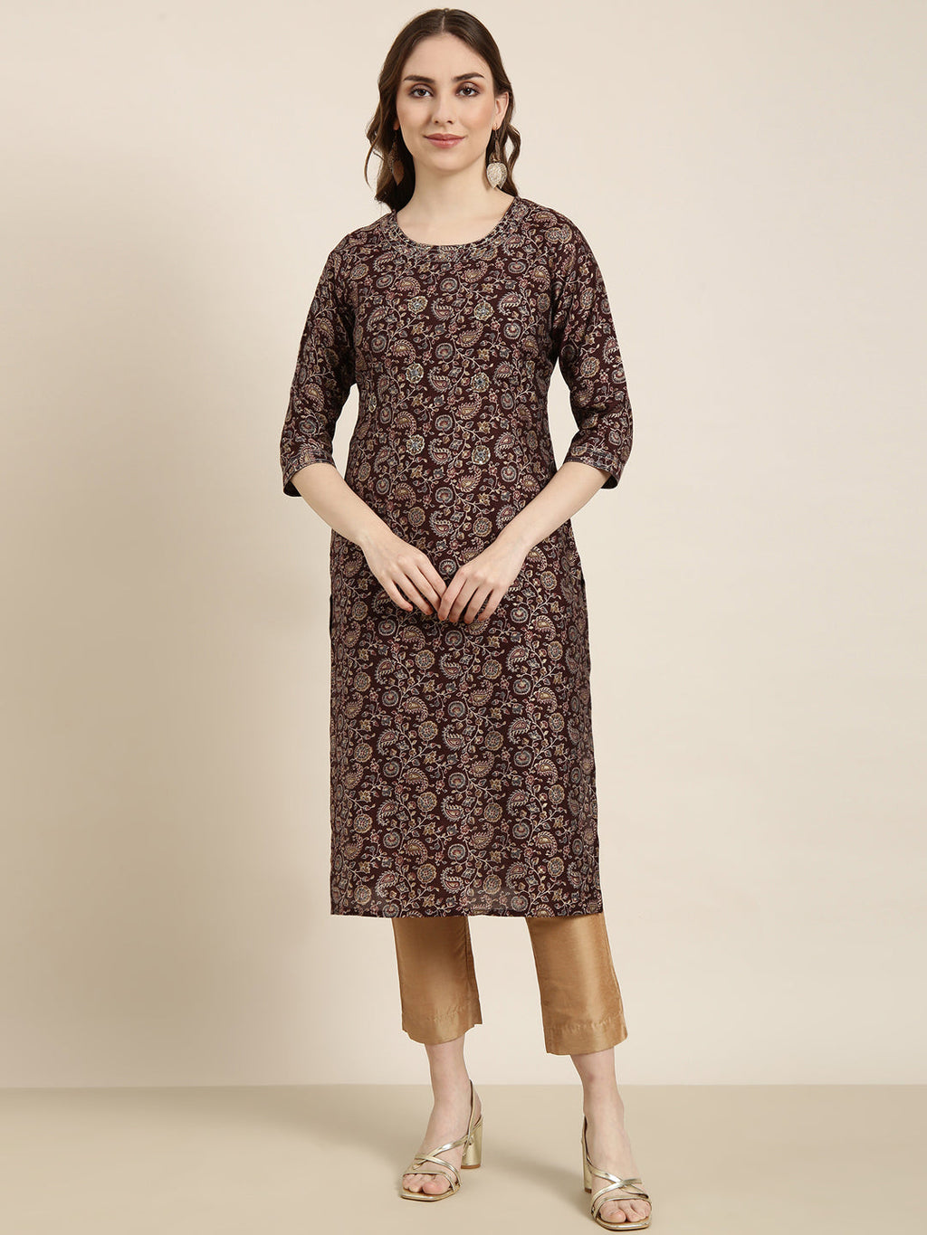 Women's Straight Brown Floral Kurta