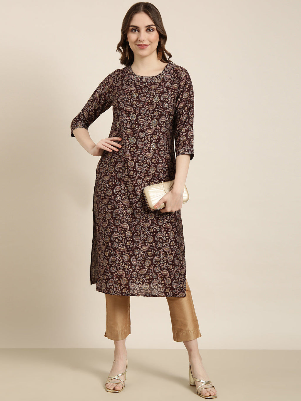Women's Straight Brown Floral Kurta
