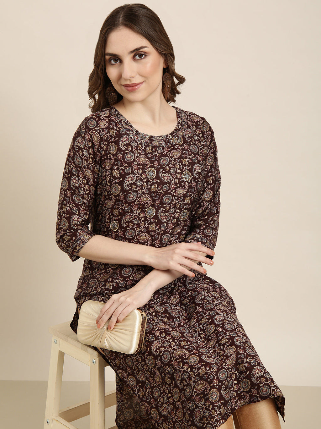 Women's Straight Brown Floral Kurta