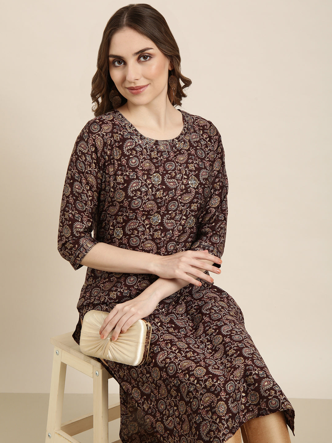 Women's Straight Brown Floral Kurta