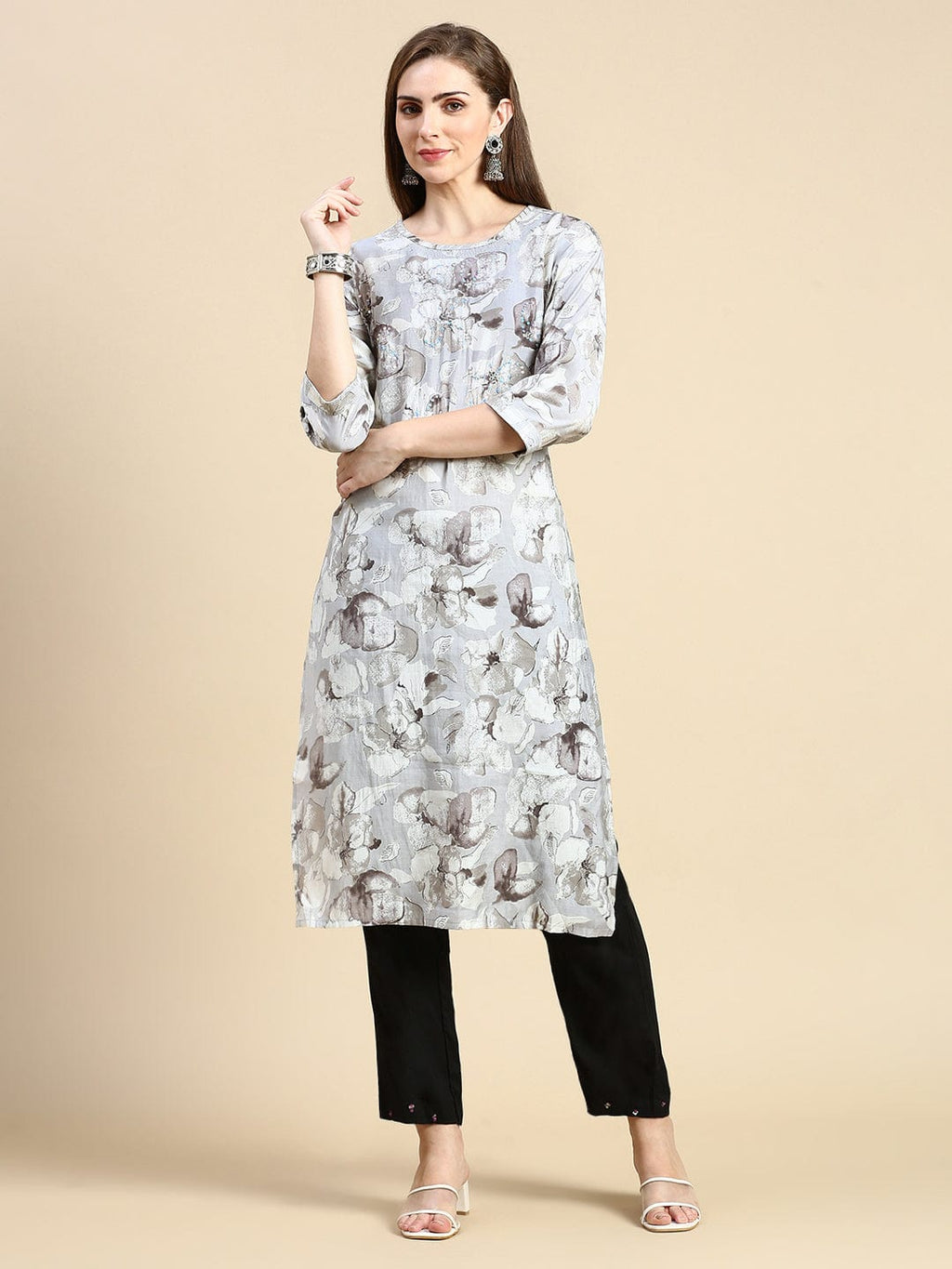 Women's Floral Sequins Grey Straight Kurta