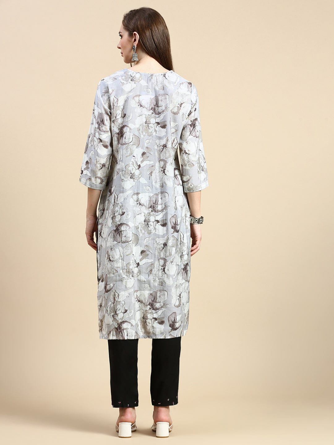 Women's Floral Sequins Grey Straight Kurta