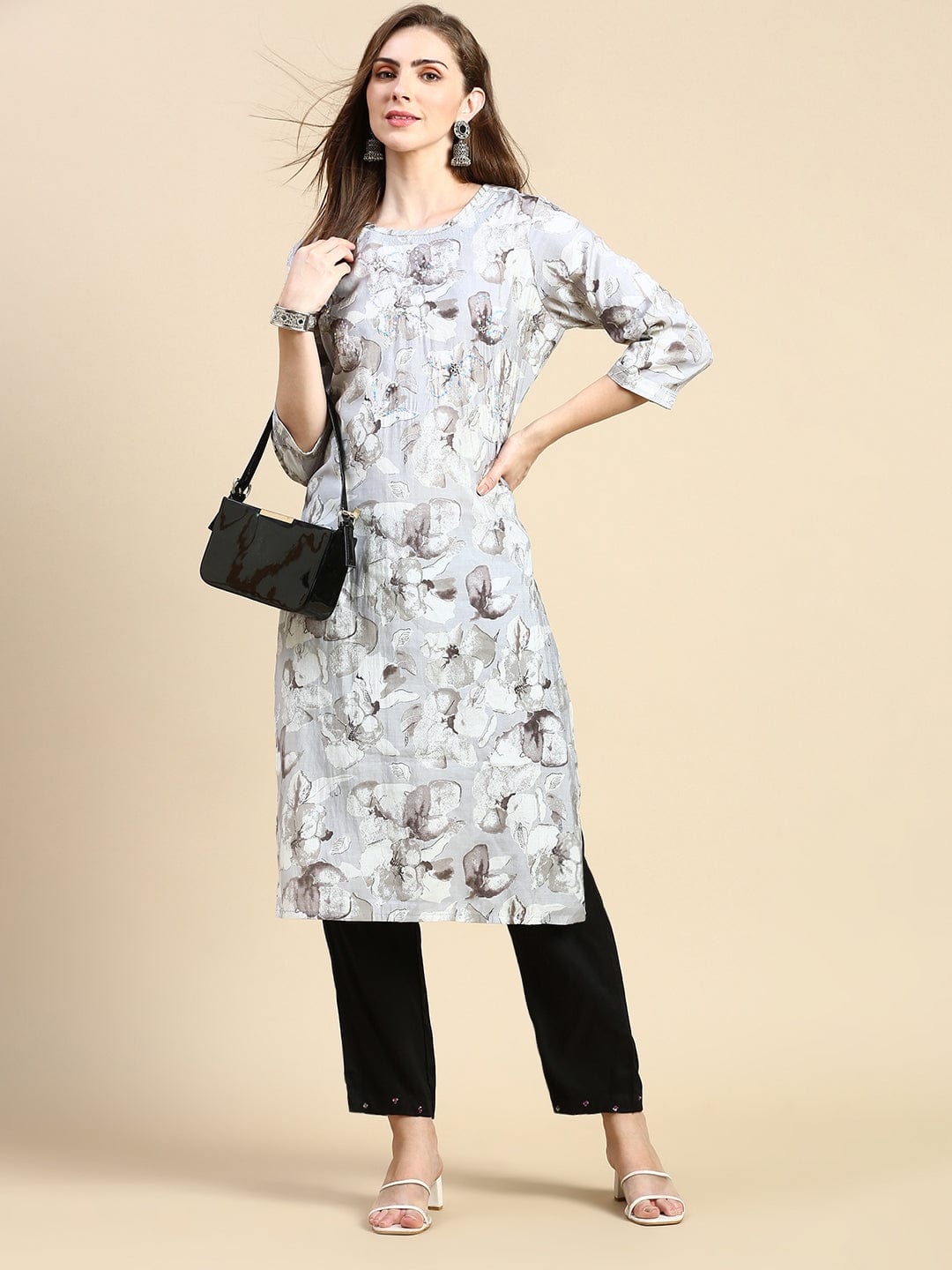 Women's Floral Sequins Grey Straight Kurta