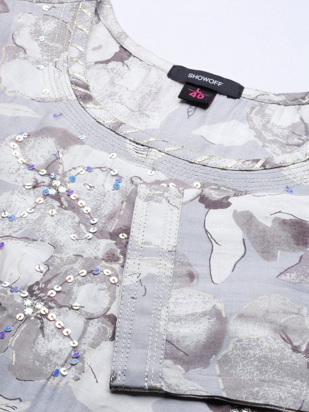 Women's Floral Sequins Grey Straight Kurta