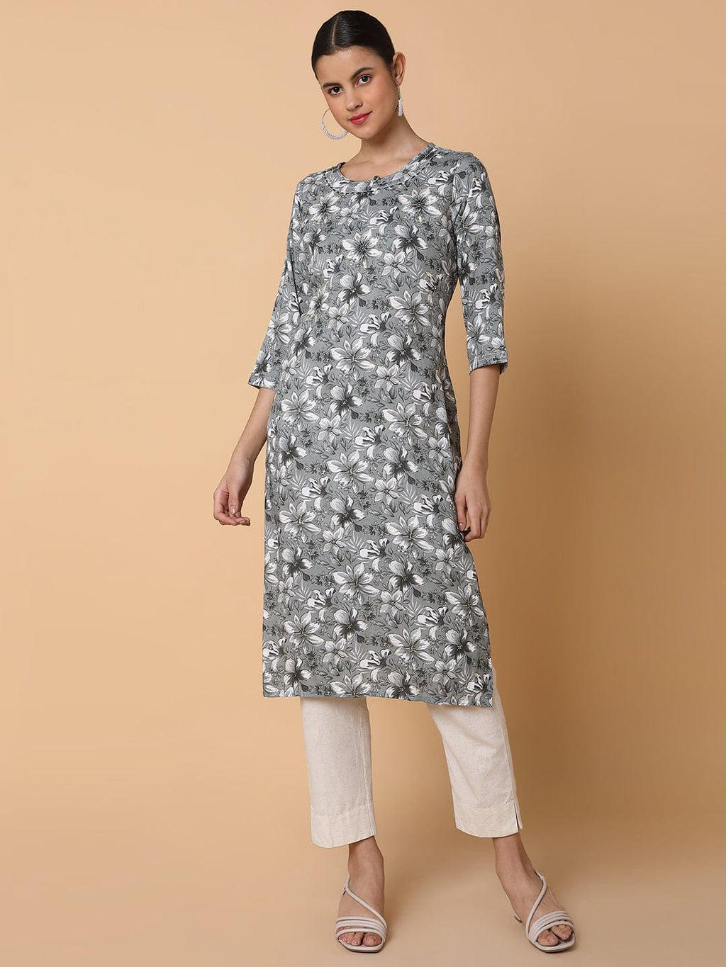 Women's Floral Grey Straight Kurta