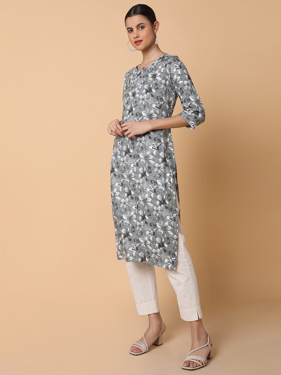 Women's Floral Grey Straight Kurta