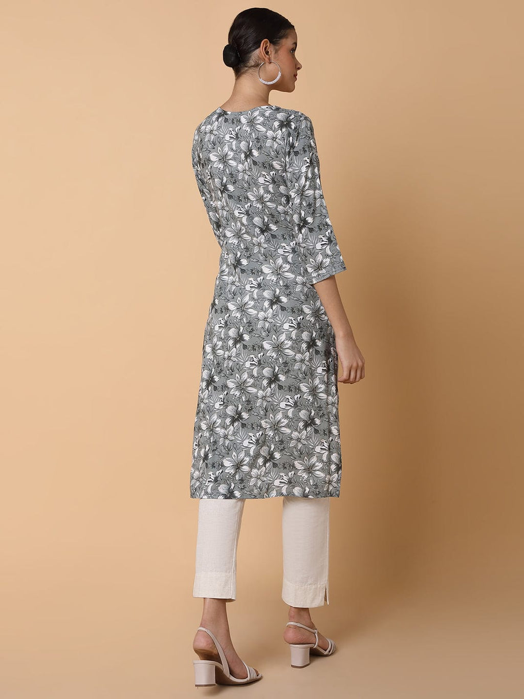 Women's Floral Grey Straight Kurta