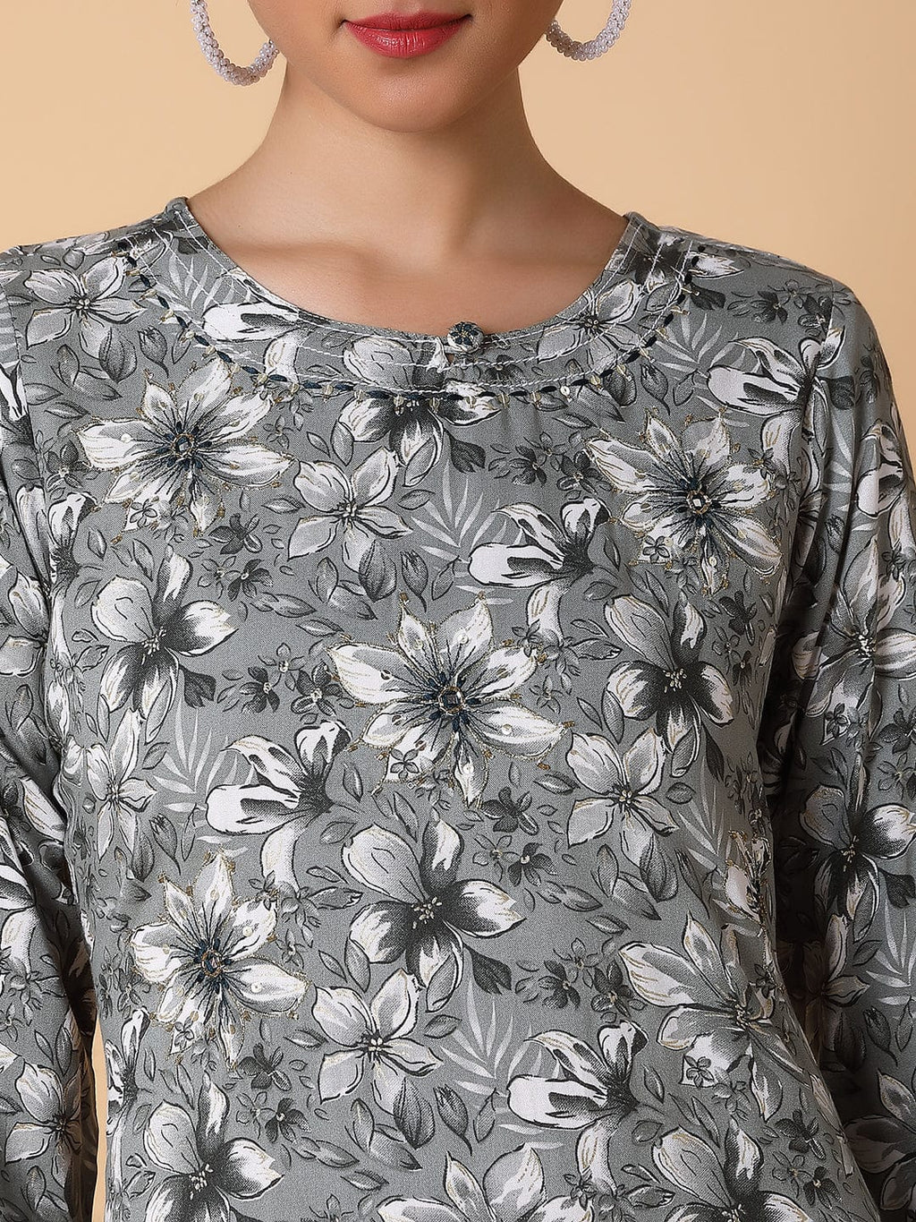 Women's Floral Grey Straight Kurta