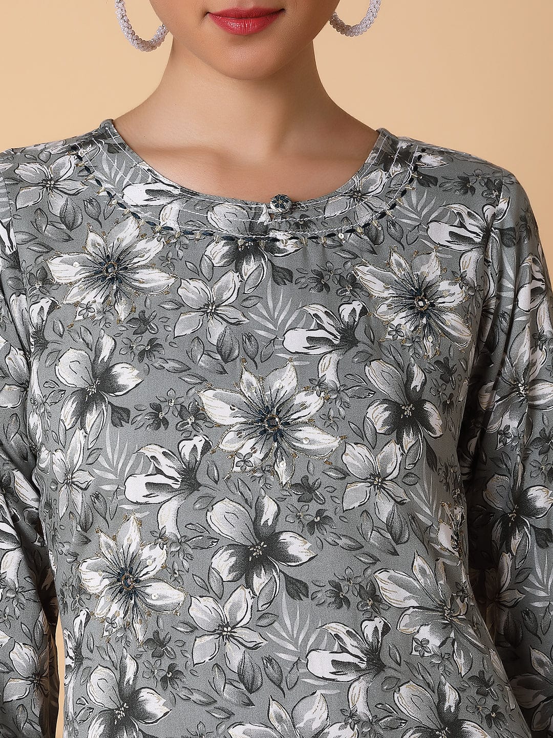Women's Floral Grey Straight Kurta