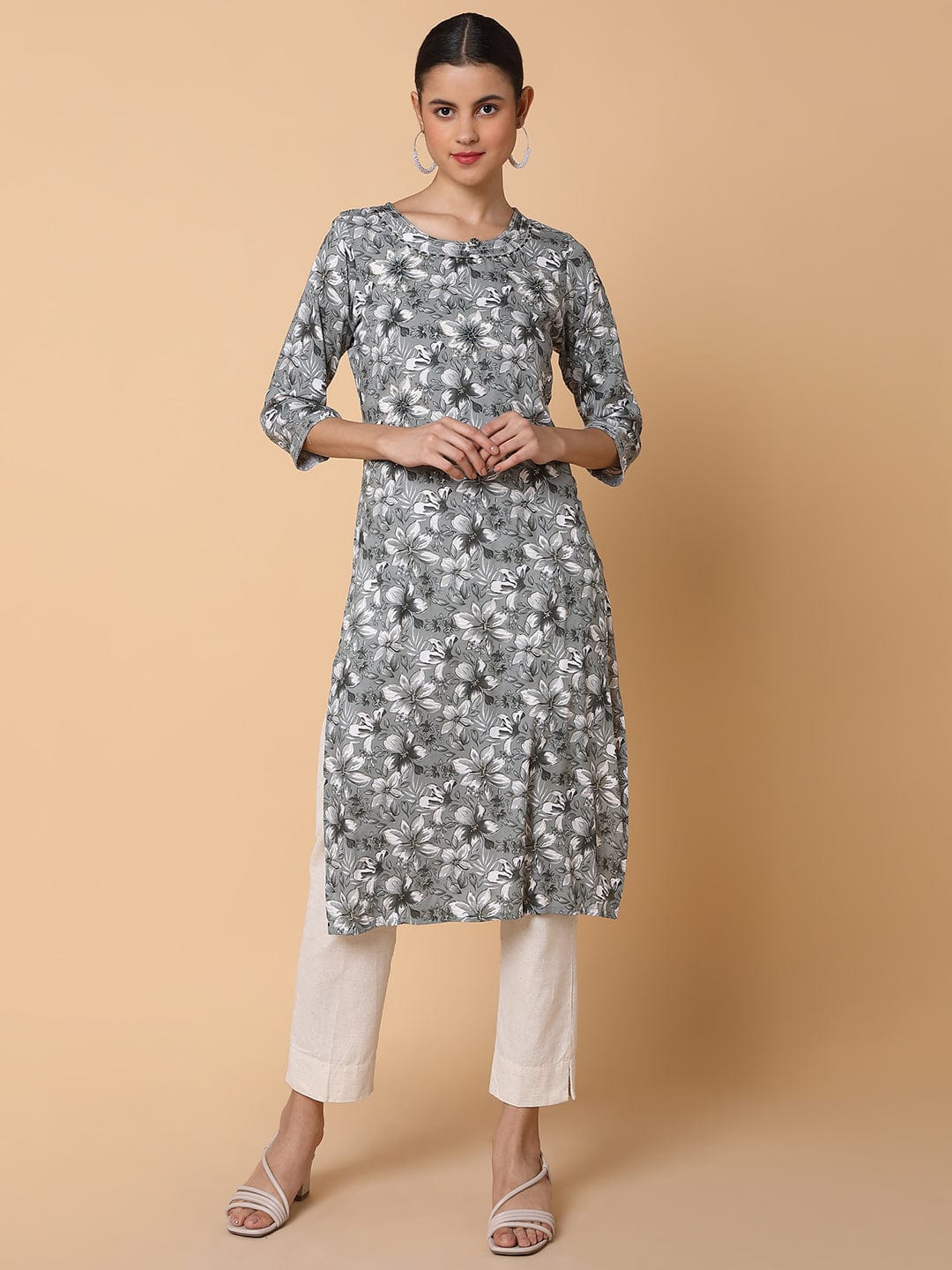 Women's Floral Grey Straight Kurta