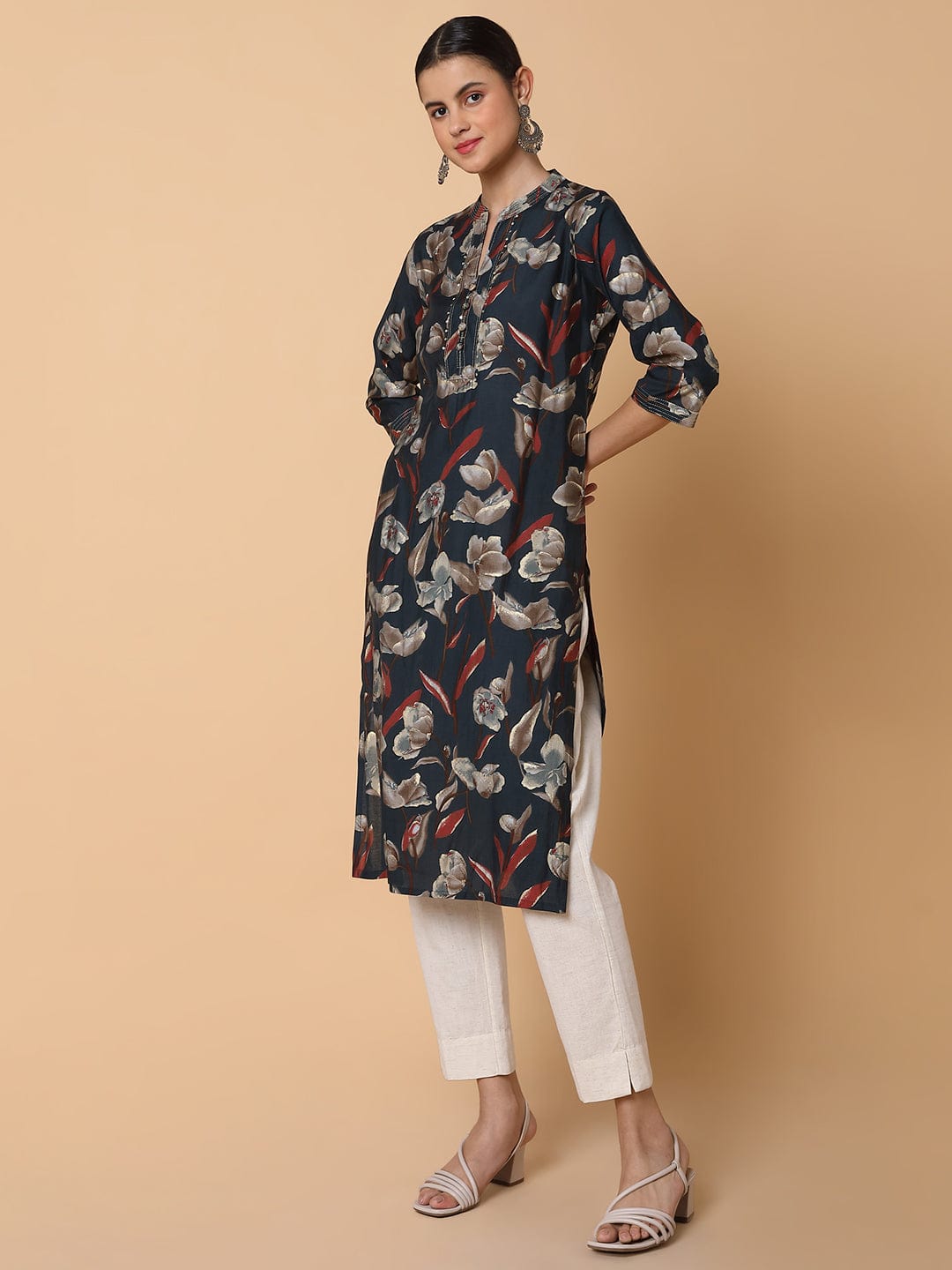 Women's Floral Teal Straight Kurta