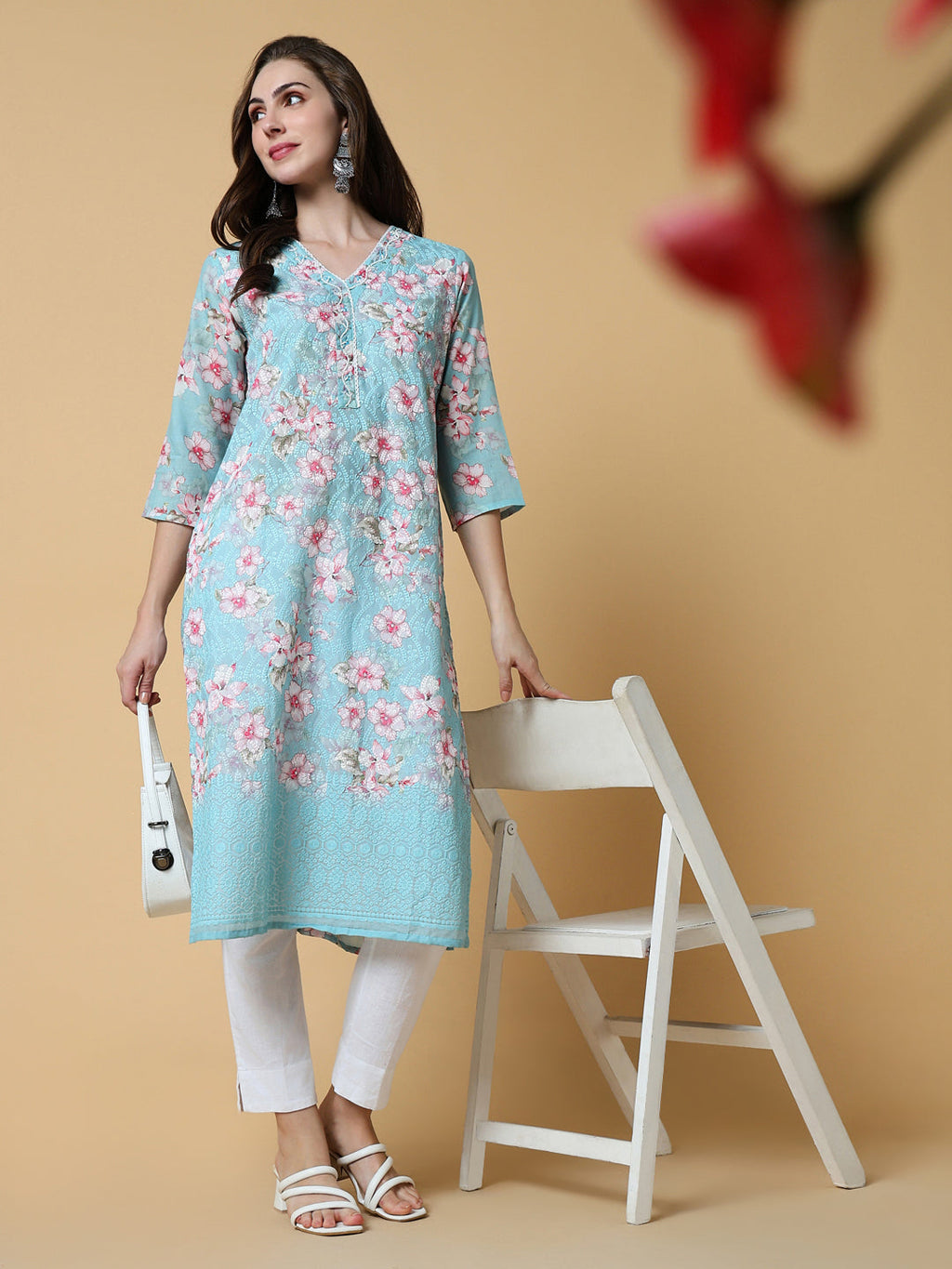 Women's Blue Floral Straight Kurta
