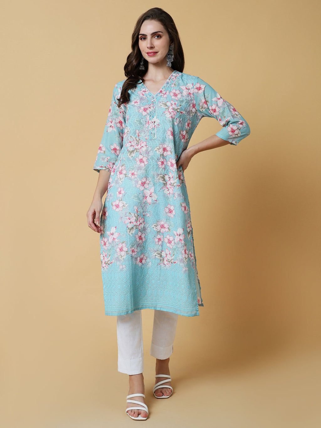 Women's Blue Floral Straight Kurta