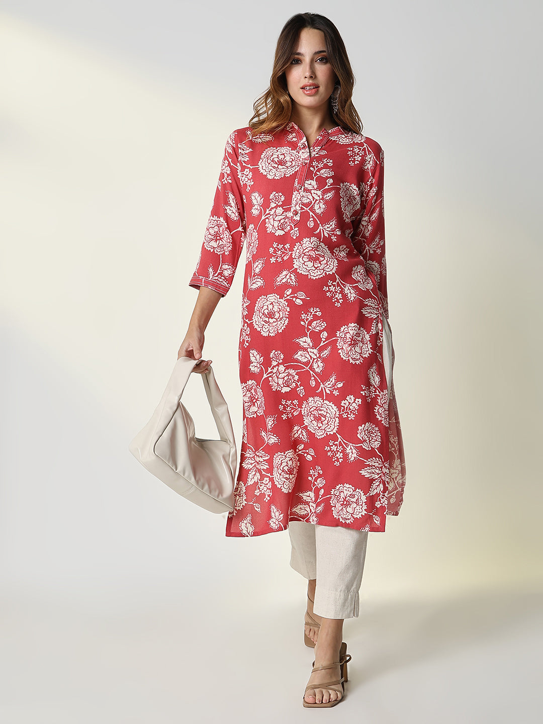 Women's Red Floral Straight Kurta