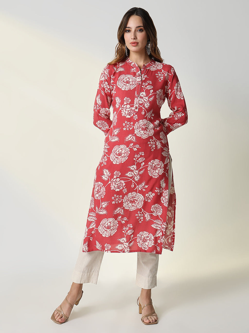 Women's Red Floral Straight Kurta
