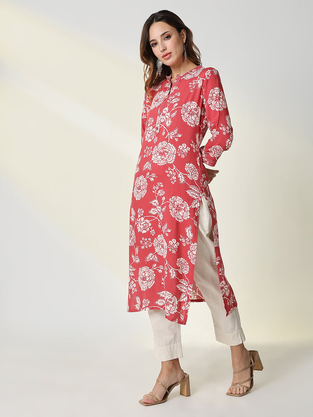 Women's Red Floral Straight Kurta