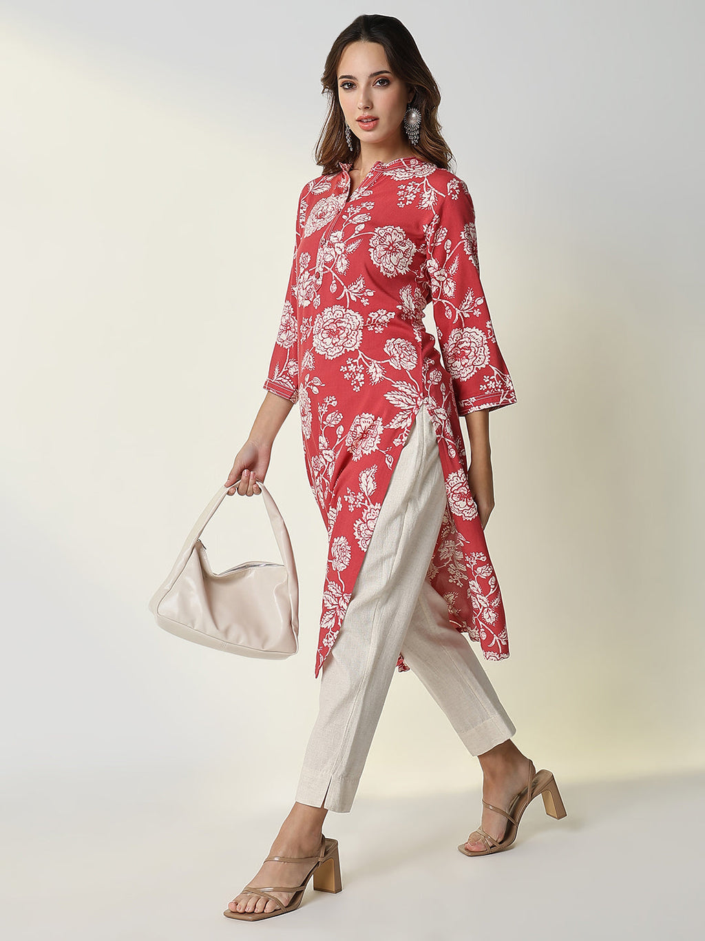 Women's Red Floral Straight Kurta