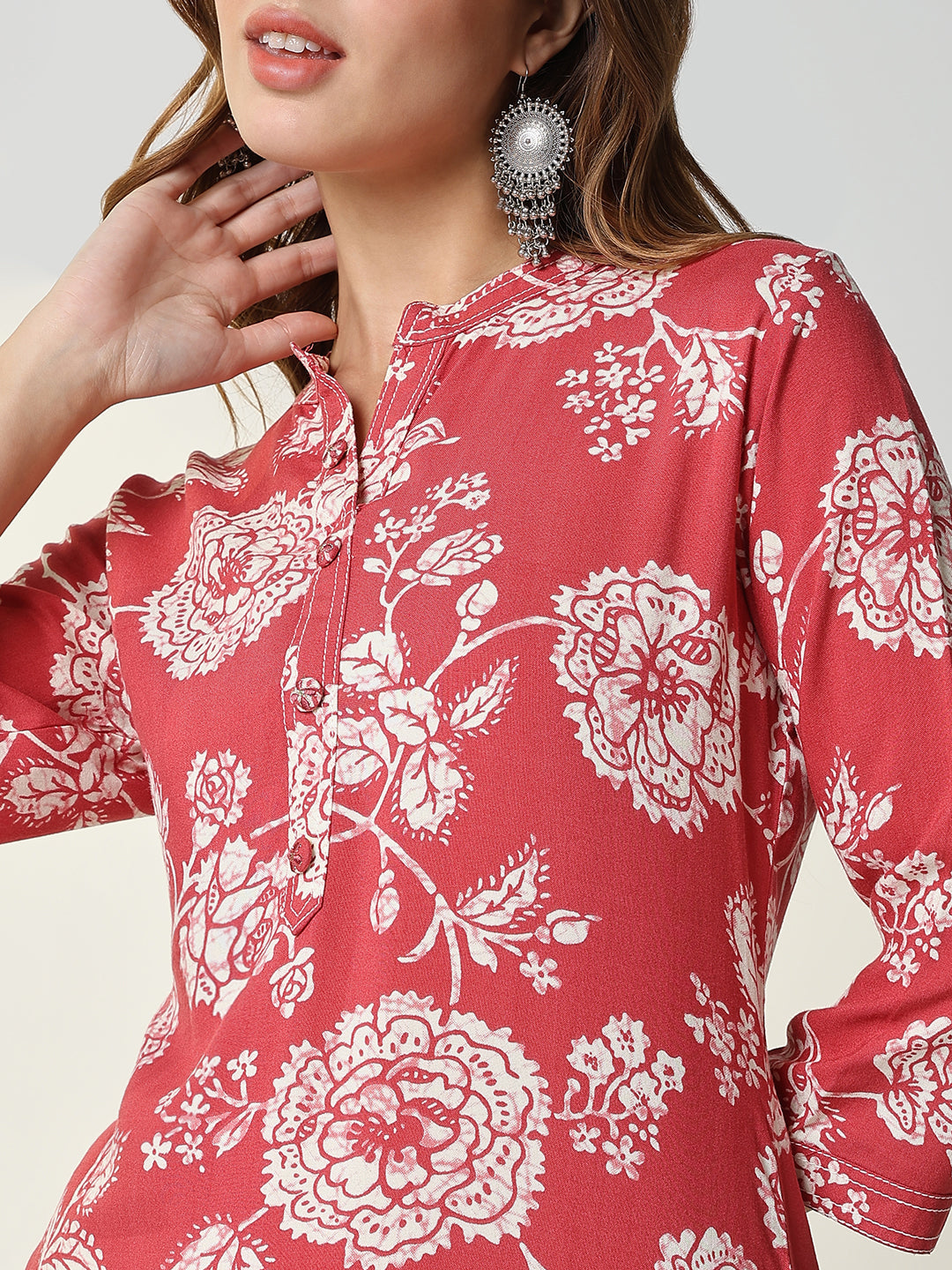 Women's Red Floral Straight Kurta