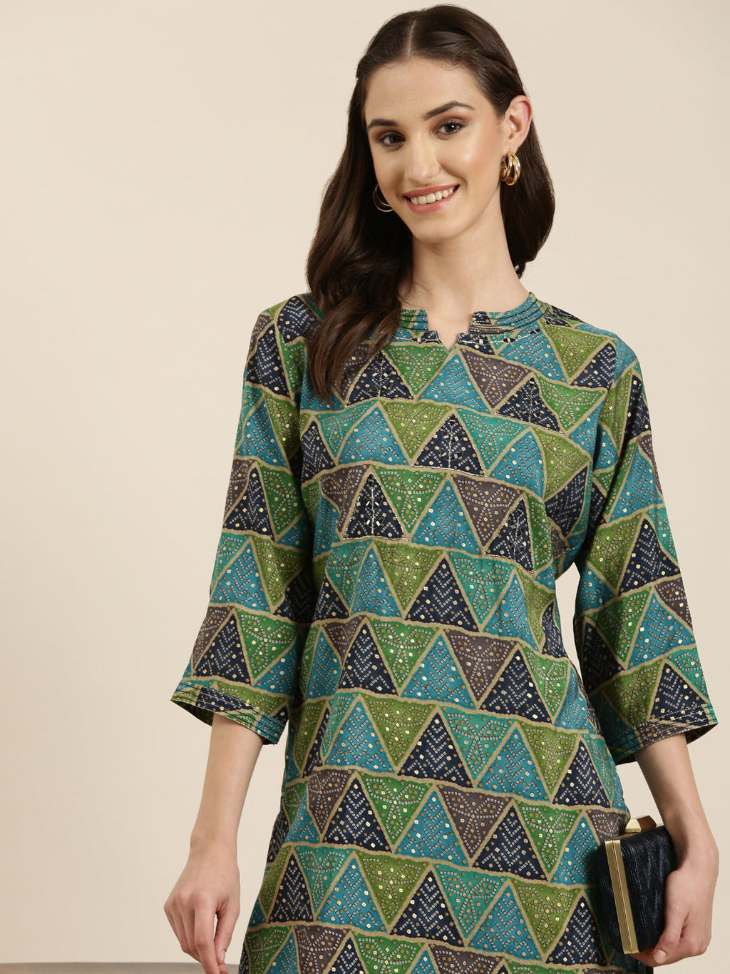 Women's Multi Geometric Printed Mirror Work Straight kurta