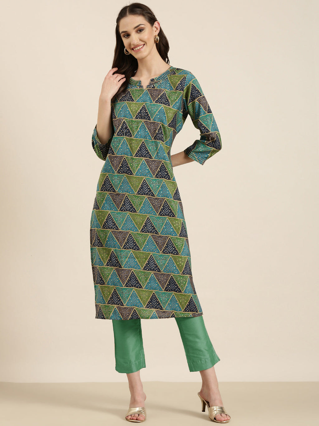 Women's Multi Geometric Printed Mirror Work Straight kurta
