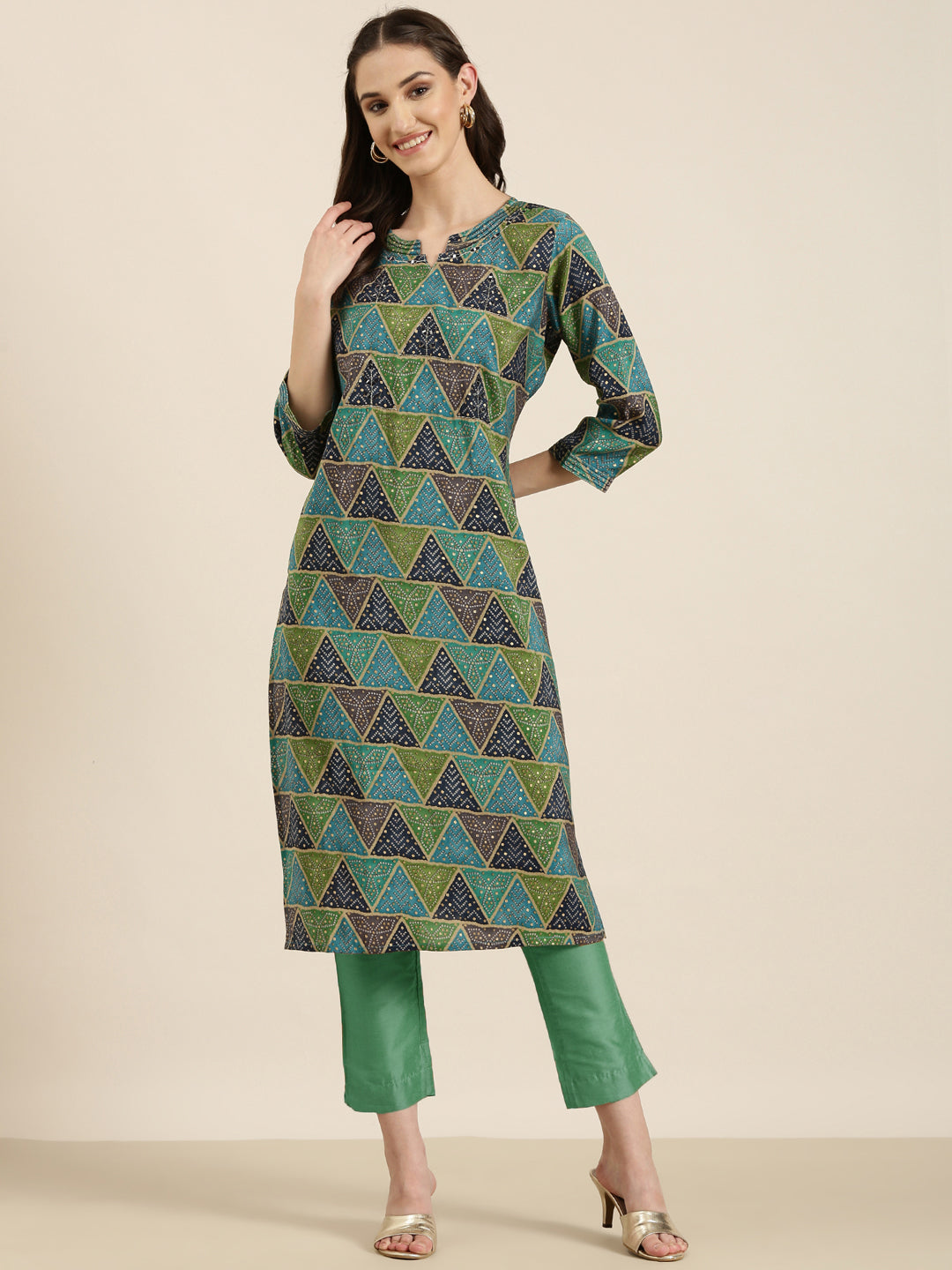 Women's Multi Geometric Printed Mirror Work Straight kurta