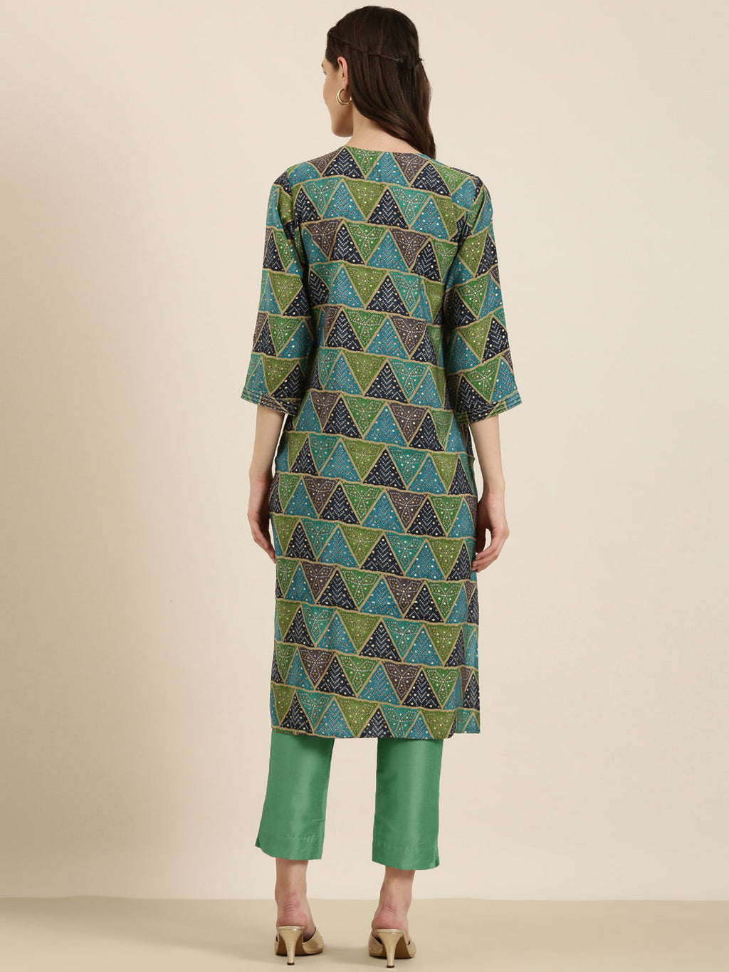Women's Multi Geometric Printed Mirror Work Straight kurta
